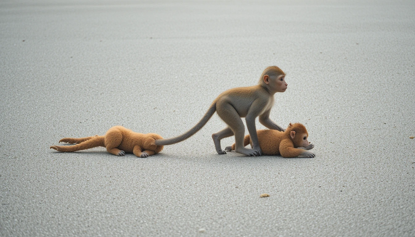 Joven macaco caminando con un peluche sobre el pavimento