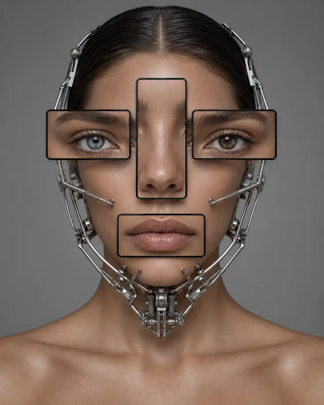 Futuristisches Frauenporträt mit Gesichtsrrahmen und Exoskelett