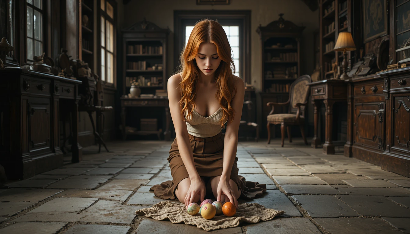 Joven ordenando huevos de Pascua en un estudio de estilo vintage