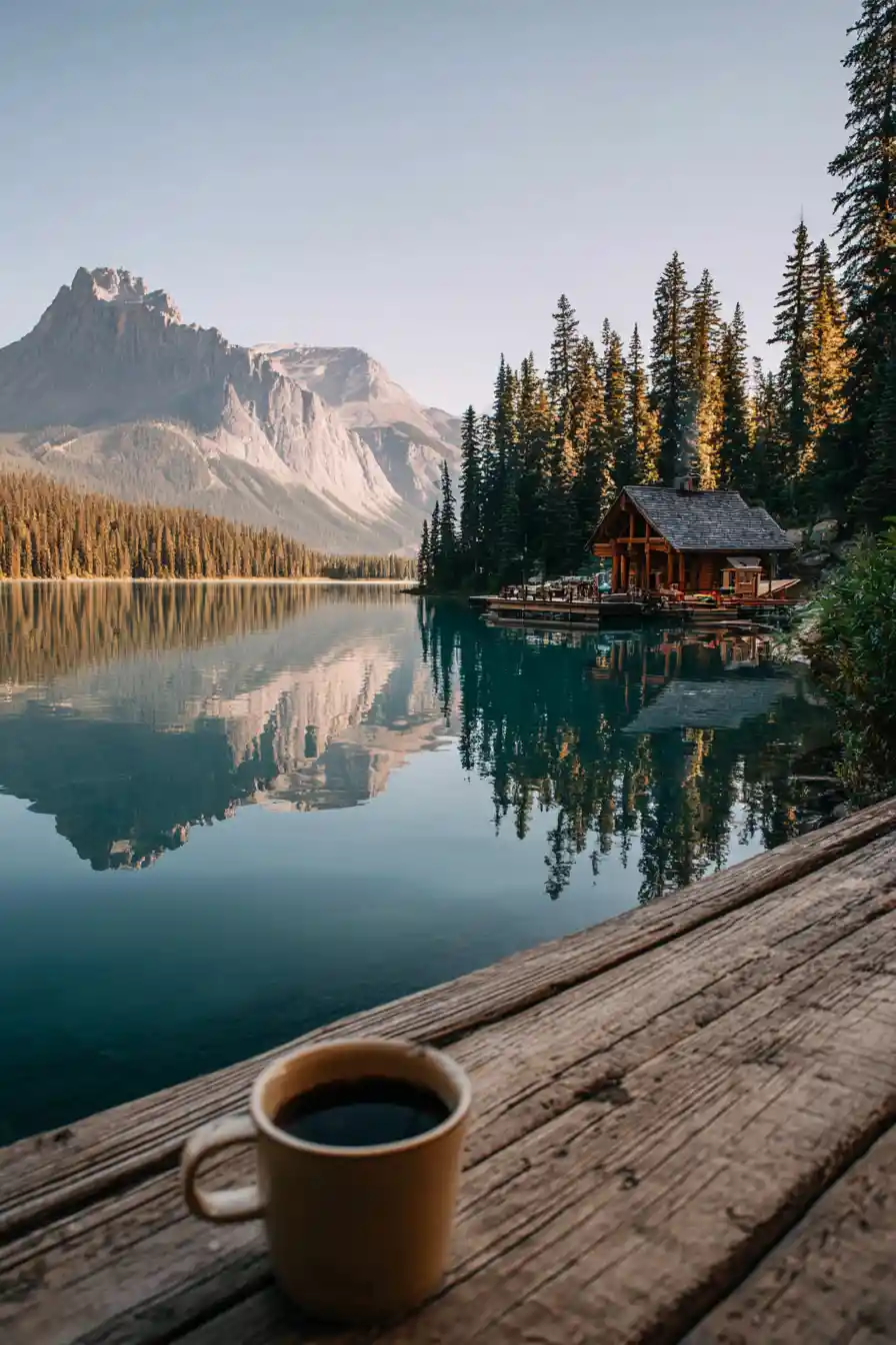 Peaceful sunrise over a quiet emerald mountain lake