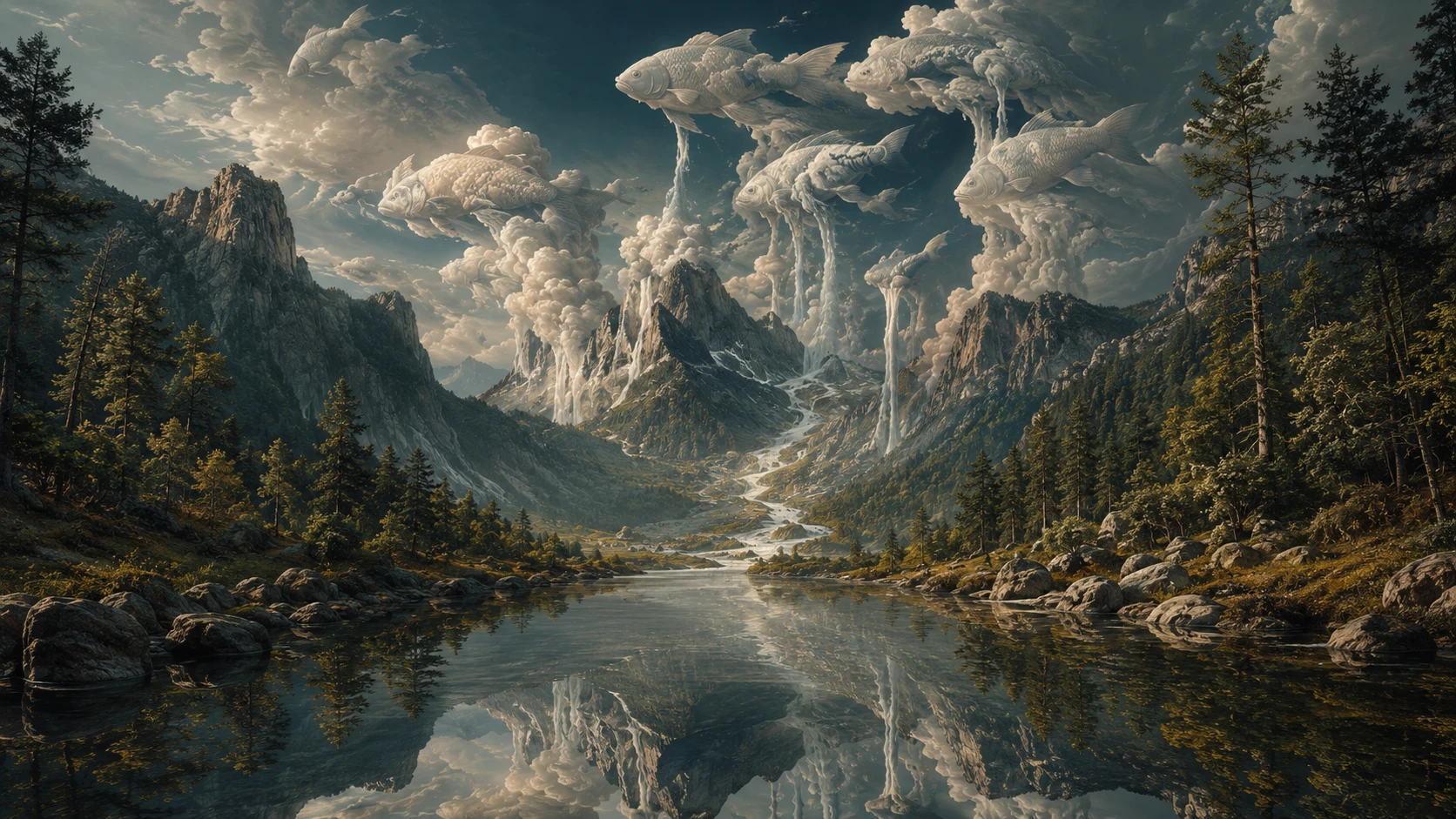 Surrealer Fluss, der bergauf unter Bergen fließt, und verborgene Fischwolken
