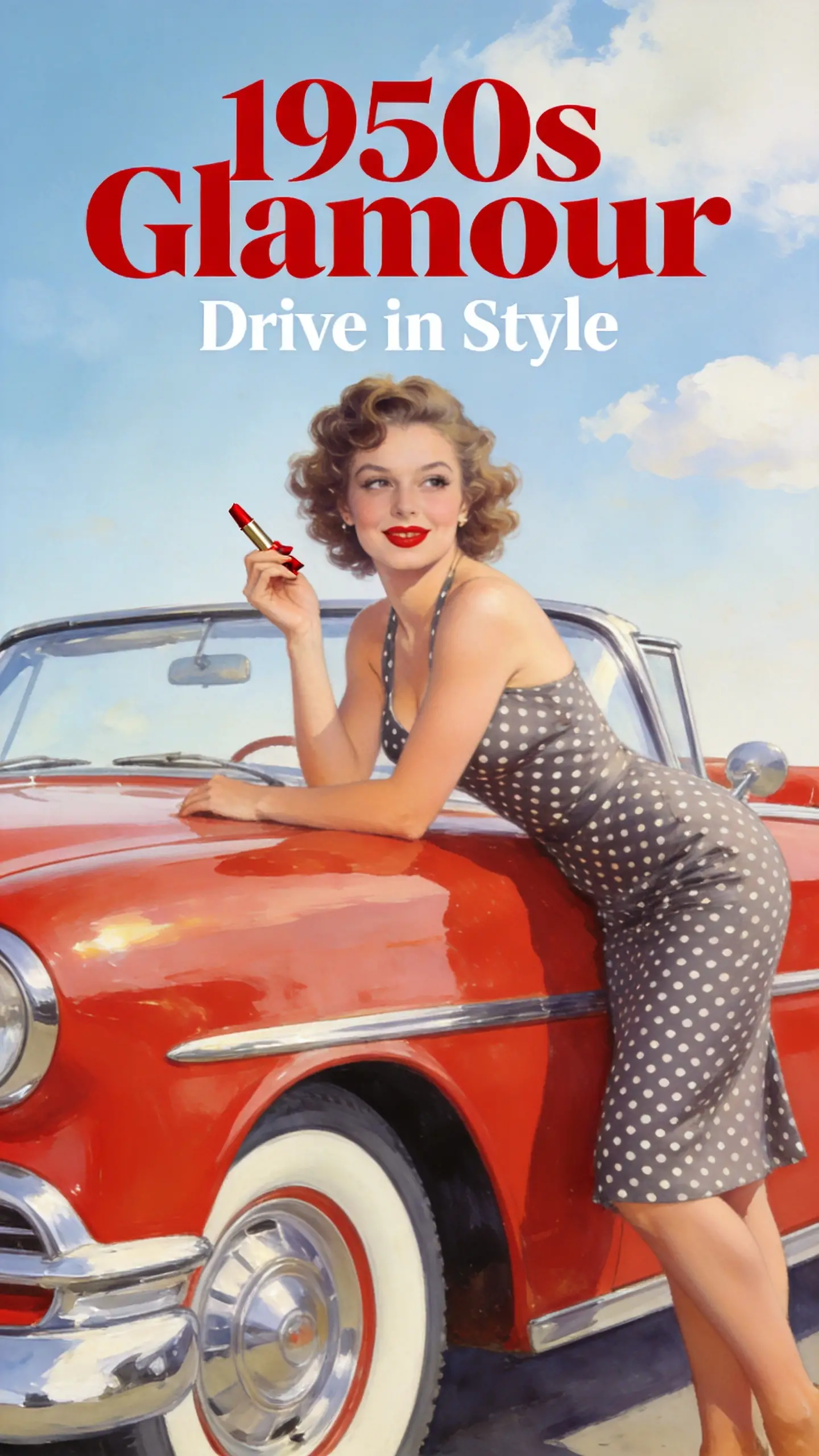 Chica pin up retro con póster de coche descapotable brillante