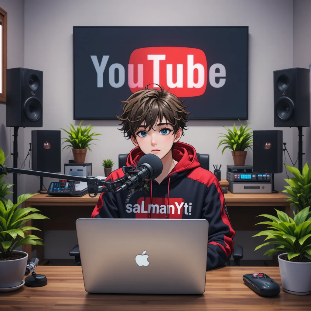 Garoto anime streamer em mesa de computador com microfone