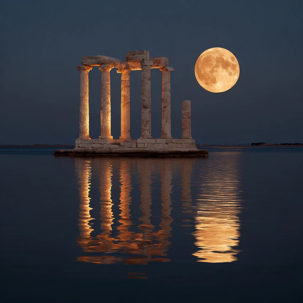 Templo de piedra blanca a la luz de la luna junto a un lago quieto y reflejante