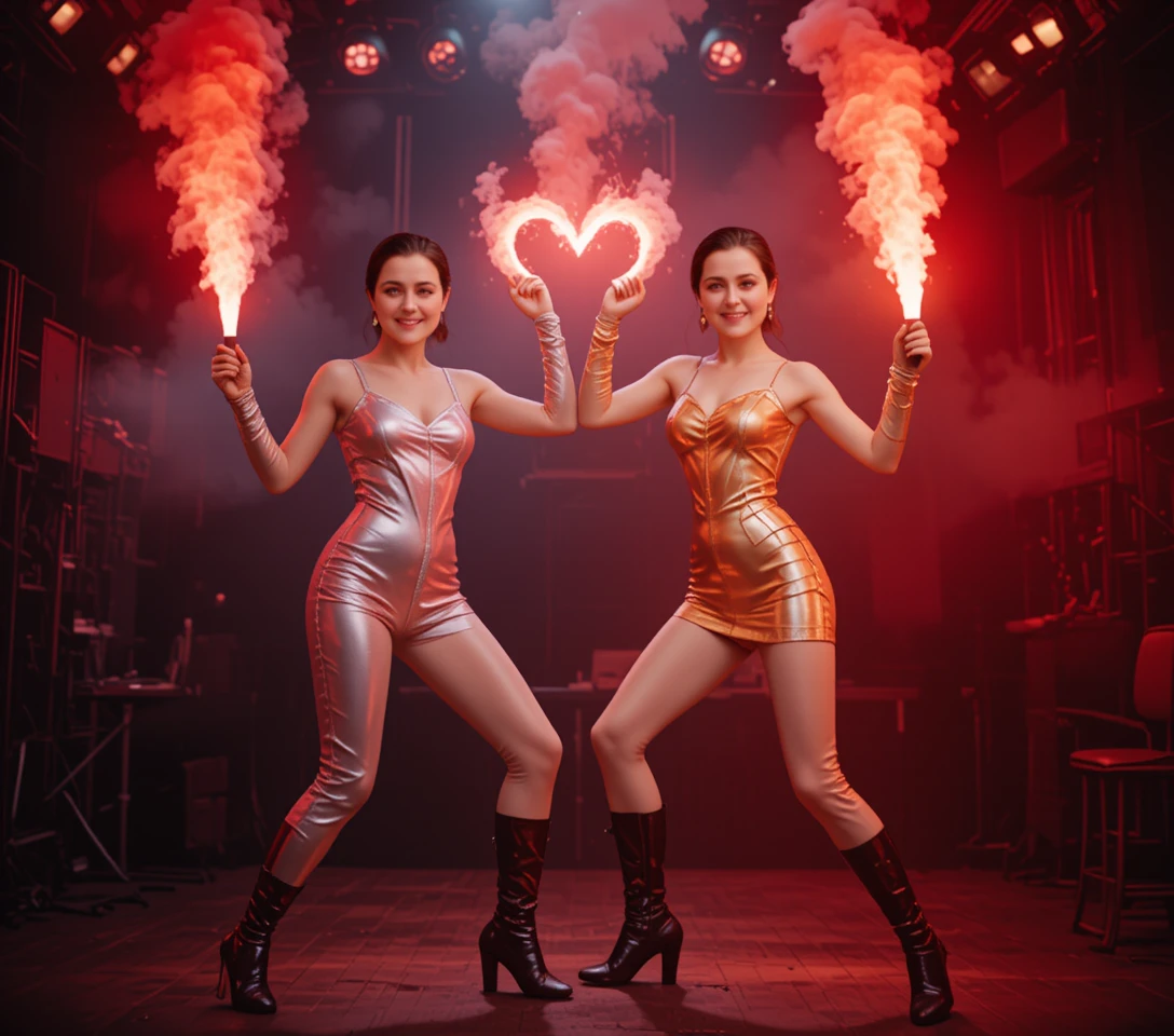 Dos mujeres dibujando un corazón brillante con humo de bengala roja