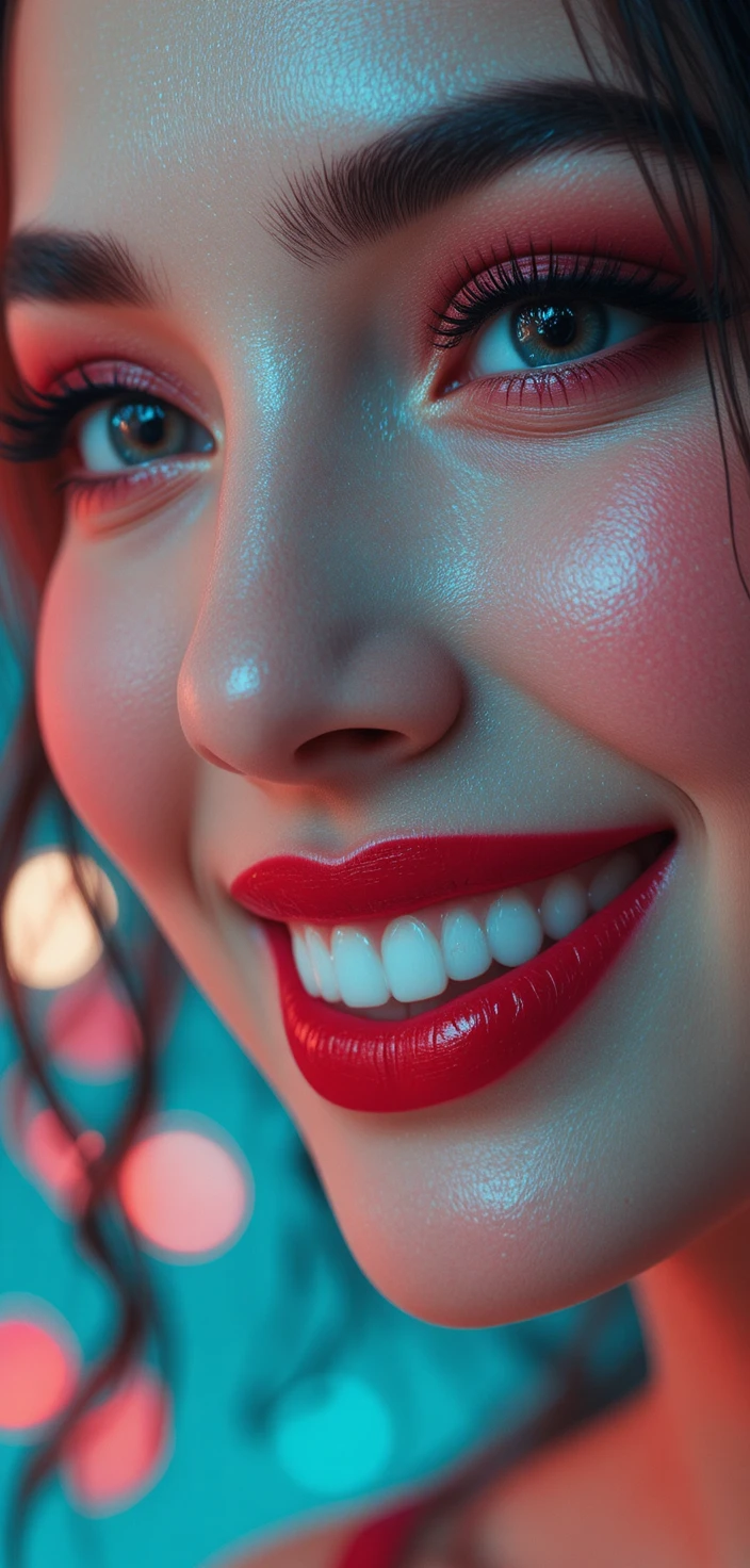 Mujer alegre en primer plano con maquillaje rojo sobre fondo turquesa
