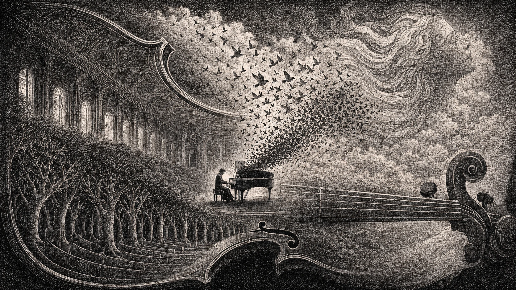 Pianist Performing Alone Inside An Abandoned Theater