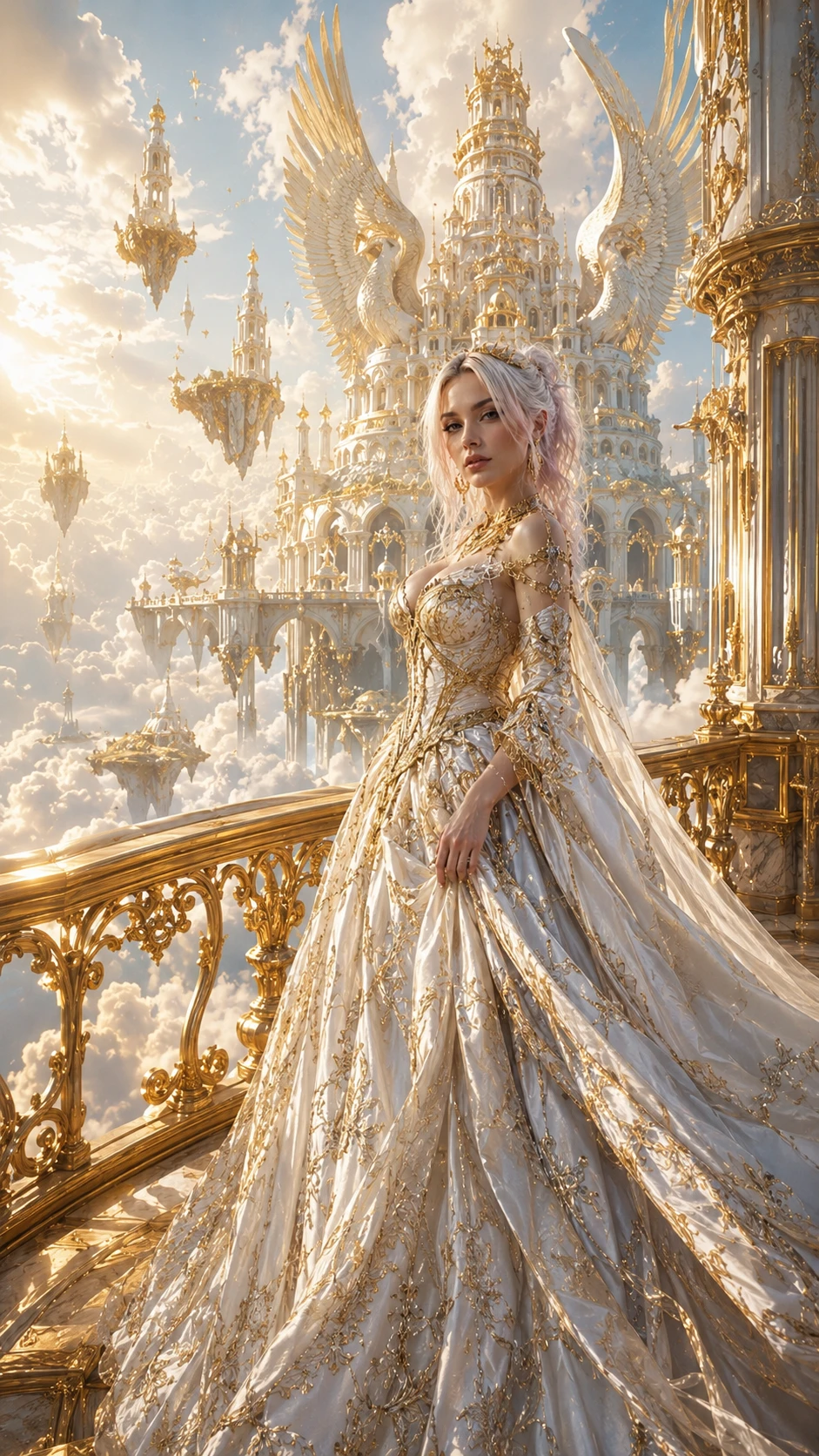 Celestial princess on a golden balcony above the clouds