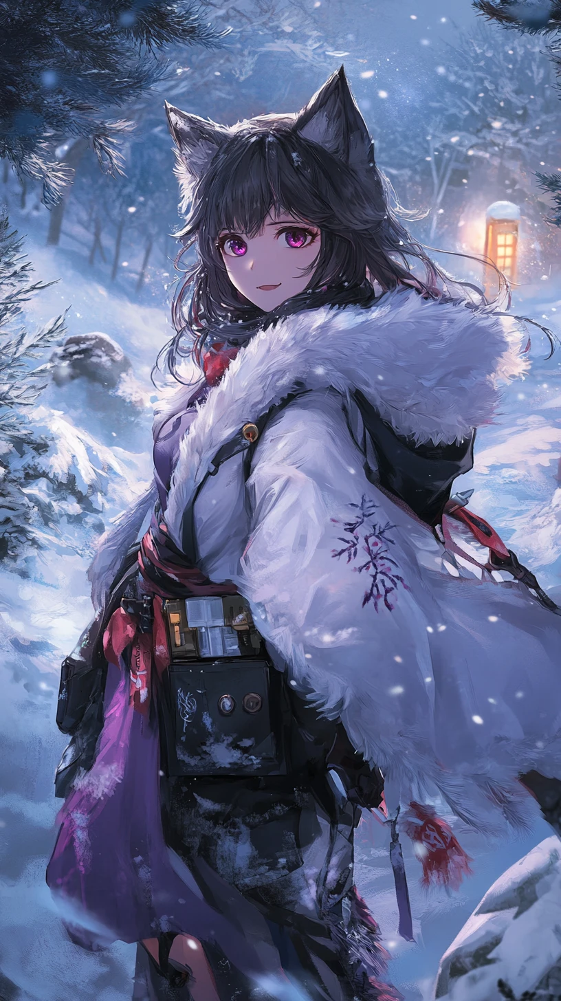 Anime girl in winter dress on neon lit old staircase