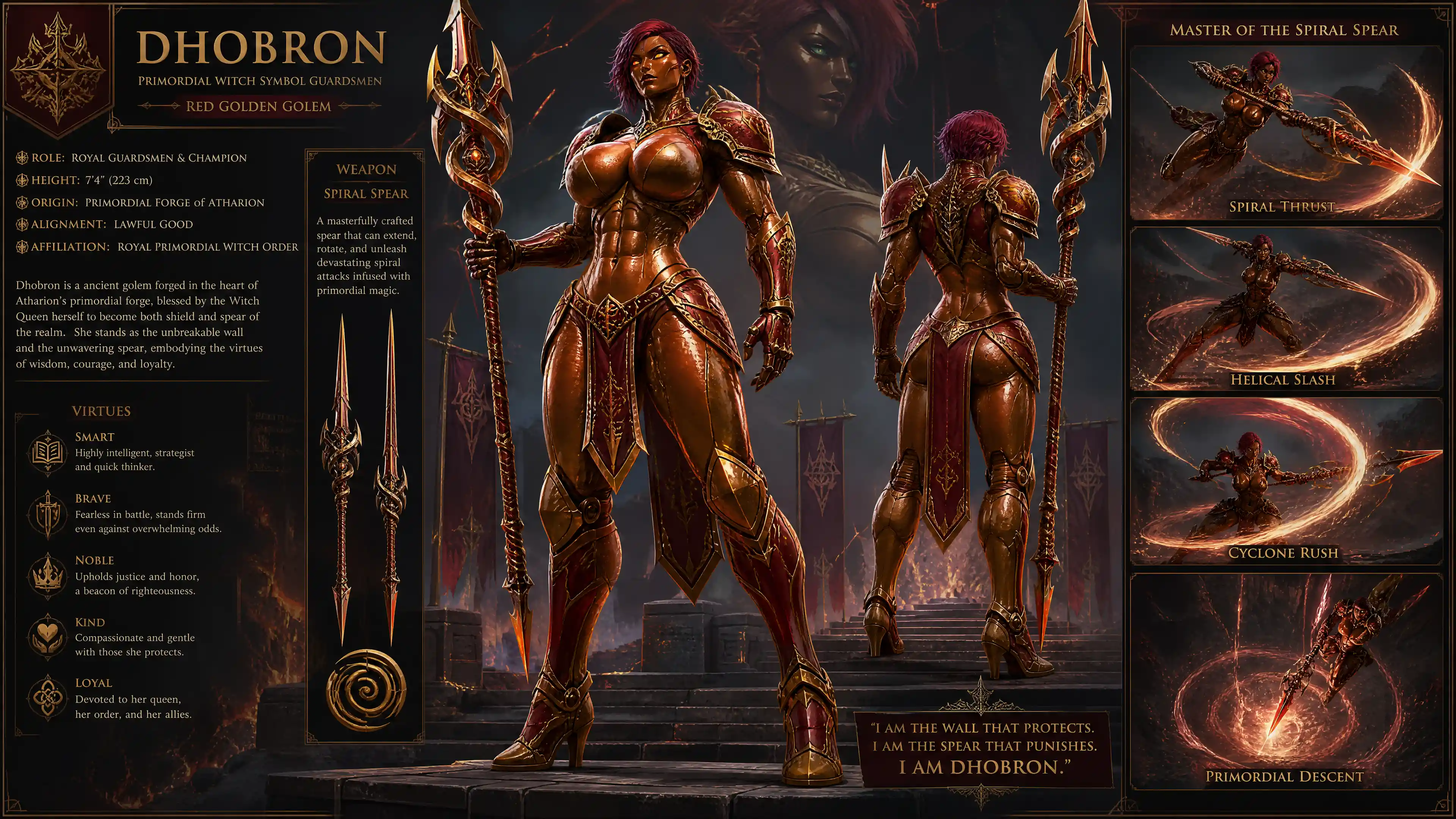 Tall red golem woman in royal witch guardsman uniform