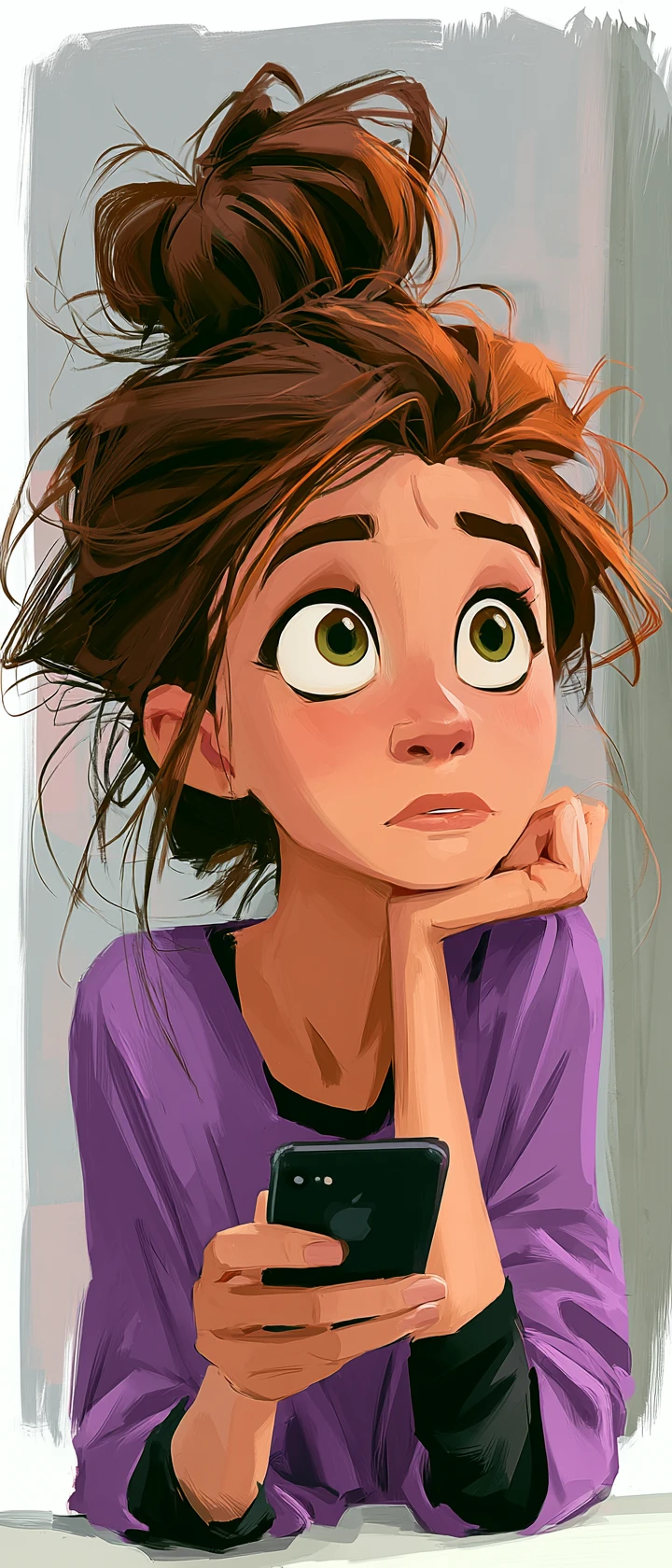 Chica pensativa con el móvil en ilustración digital púrpura