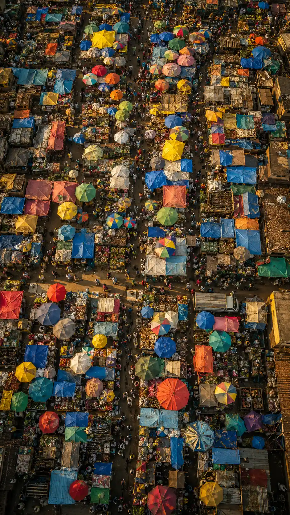 Colorful aerial view of a bustling outdoor marketplace