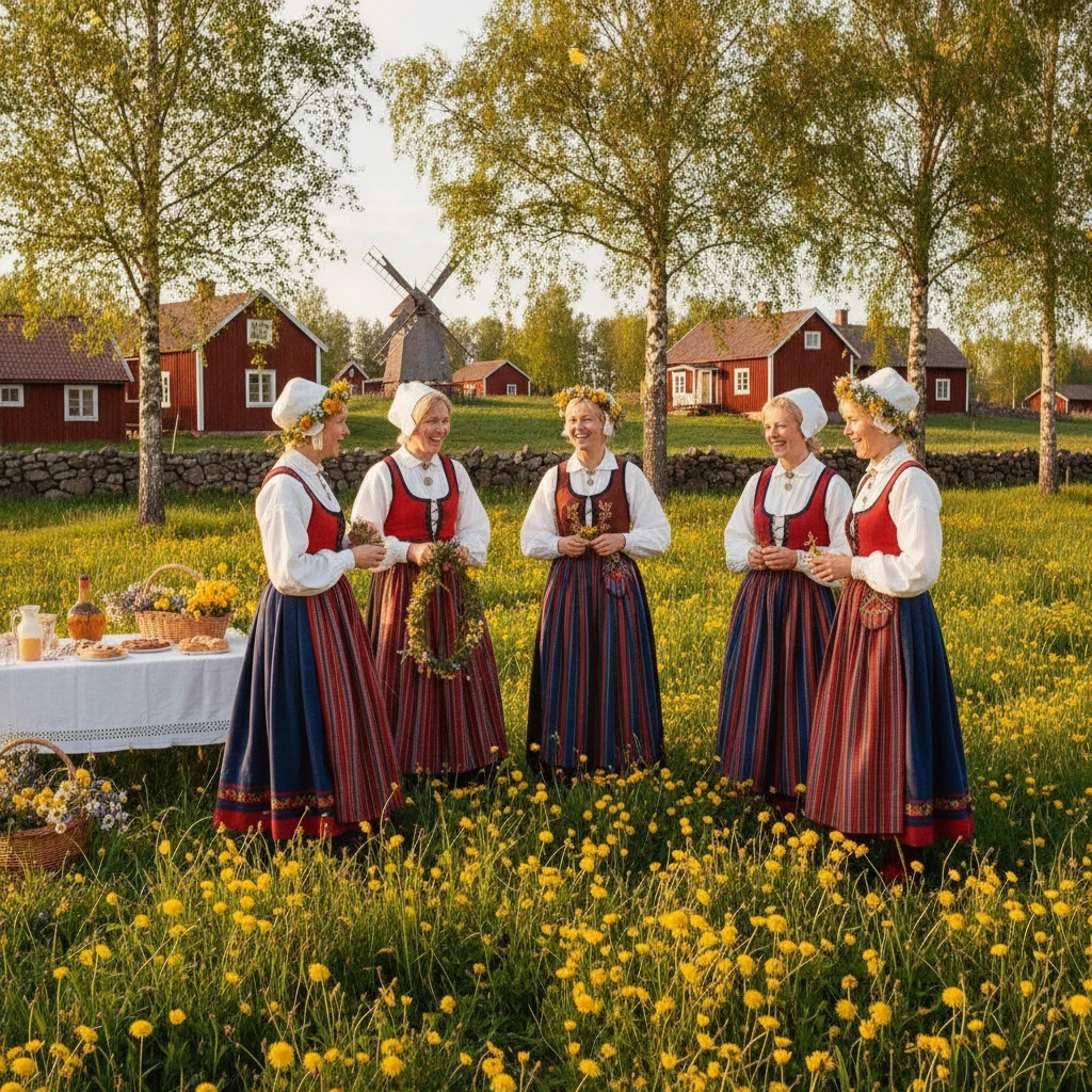 Mujeres suecas con trajes folclóricos riendo en un campo de flores