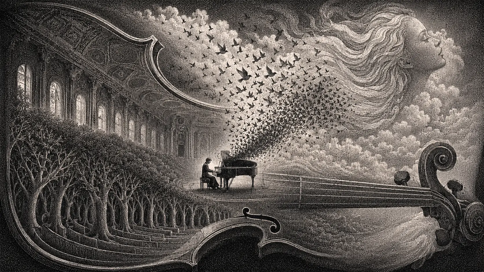 Pianist Performing Alone Inside An Abandoned Theater