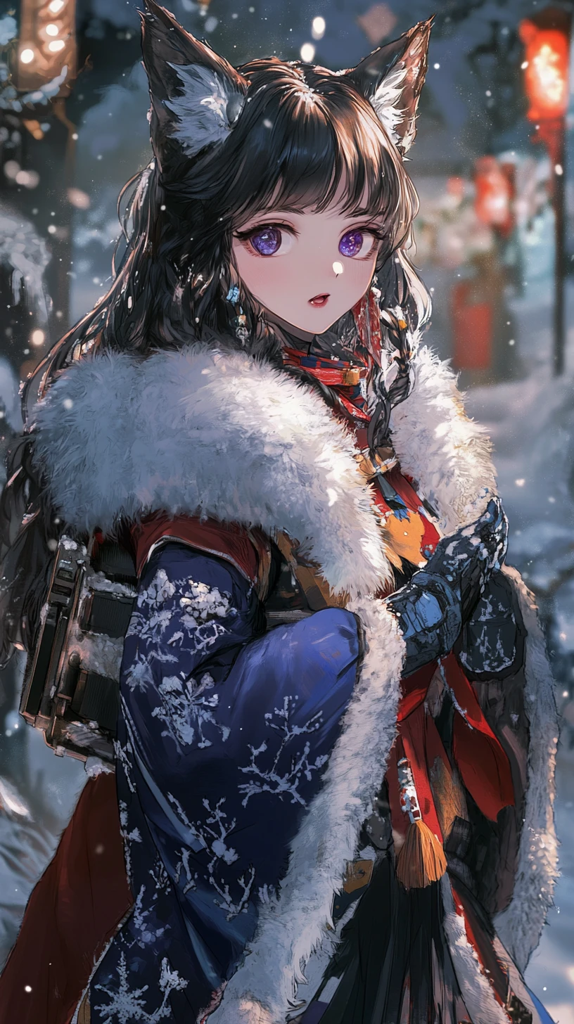 Anime girl in winter dress chasing a black cat