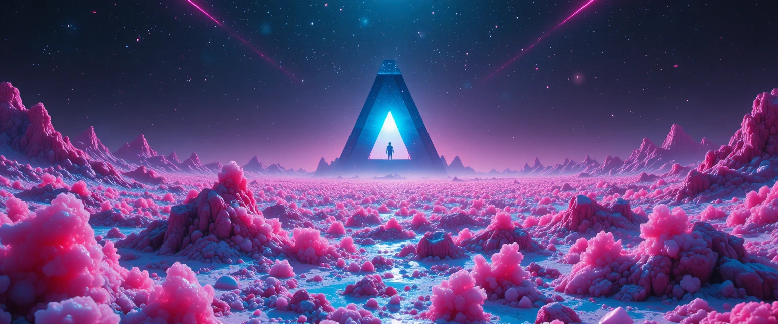 Cosmic monolith with cyan eye above an ocean of candy