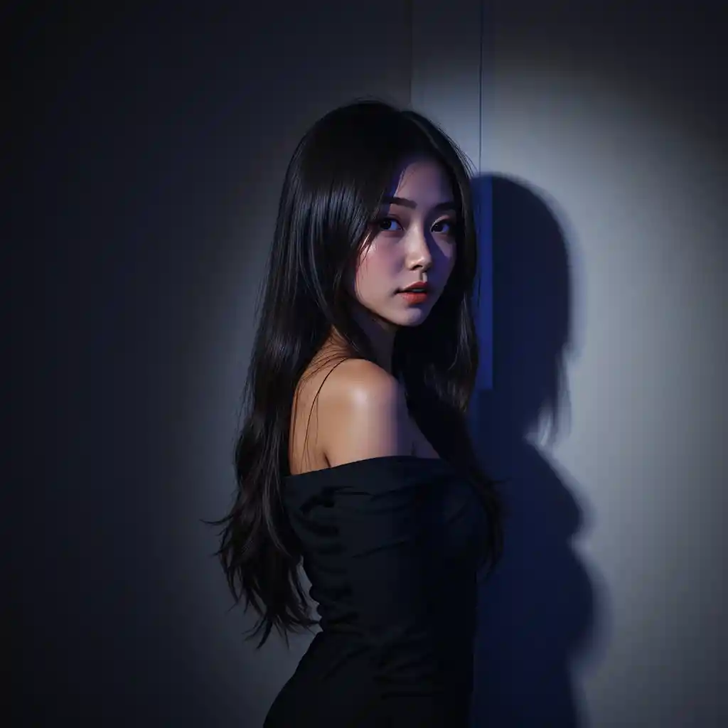 드라마틱한 사이드 라이팅의 검은 드레스 여성