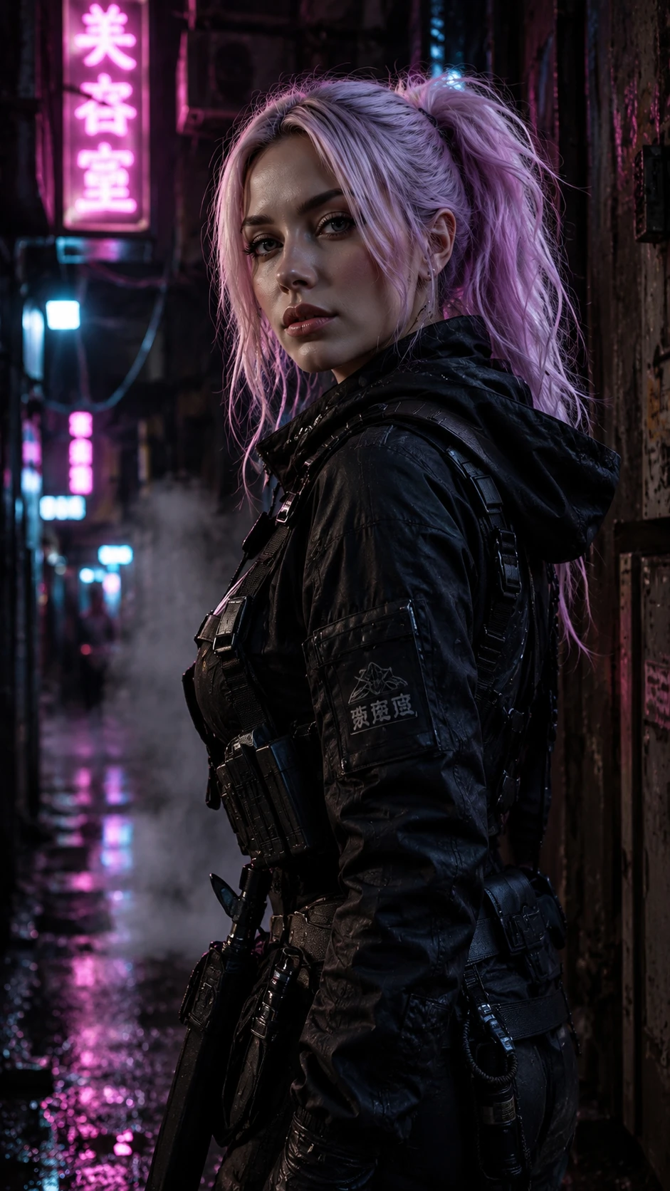 Mujer desafiante en un callejón cyberpunk con equipo táctico negro