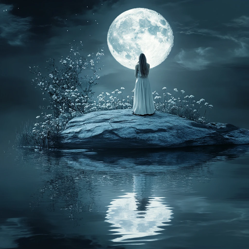 Templo de piedra a la luz de la luna junto a un lago quieto y reflejante