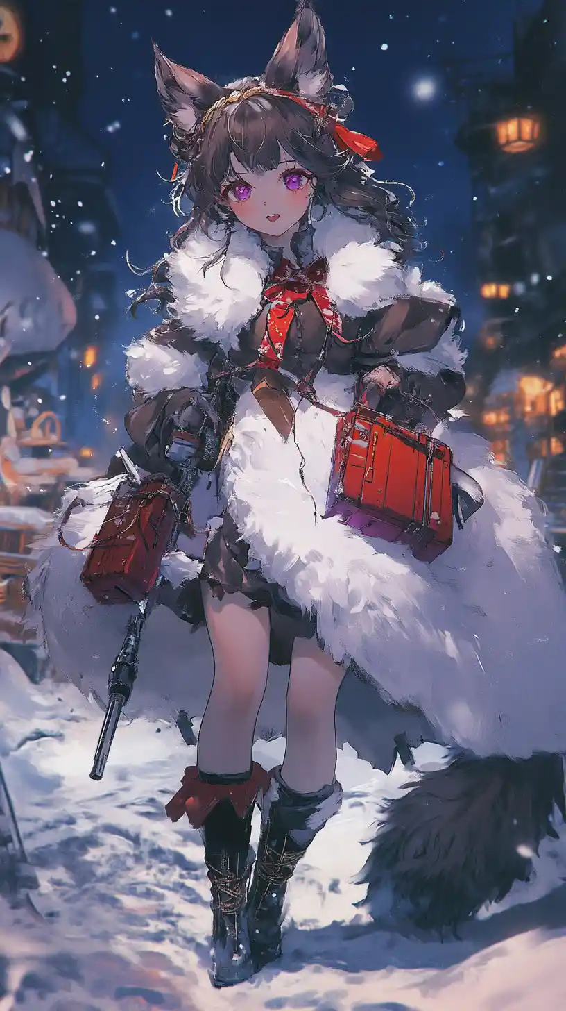Chica anime con vestido de invierno en escalera con rifle de asalto