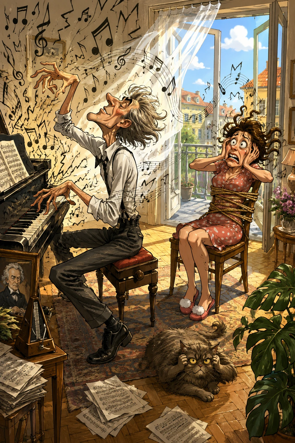 Hombre de caricatura tocando el piano mientras su esposa atada se tapa los oídos