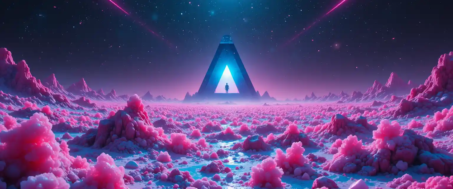 Cosmic monolith with cyan eye above an ocean of candy