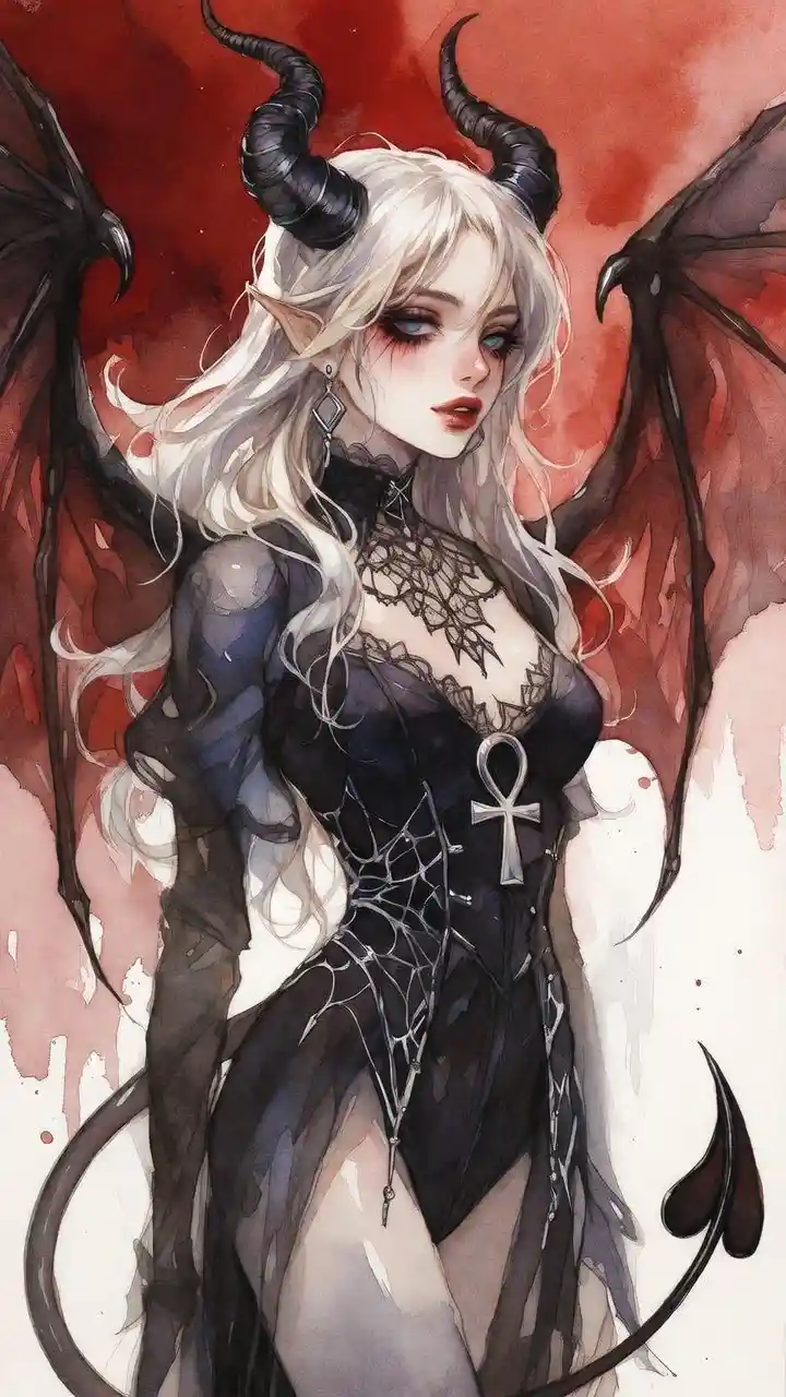 Platinum blonde tiefling woman with gothic wings and jewelry