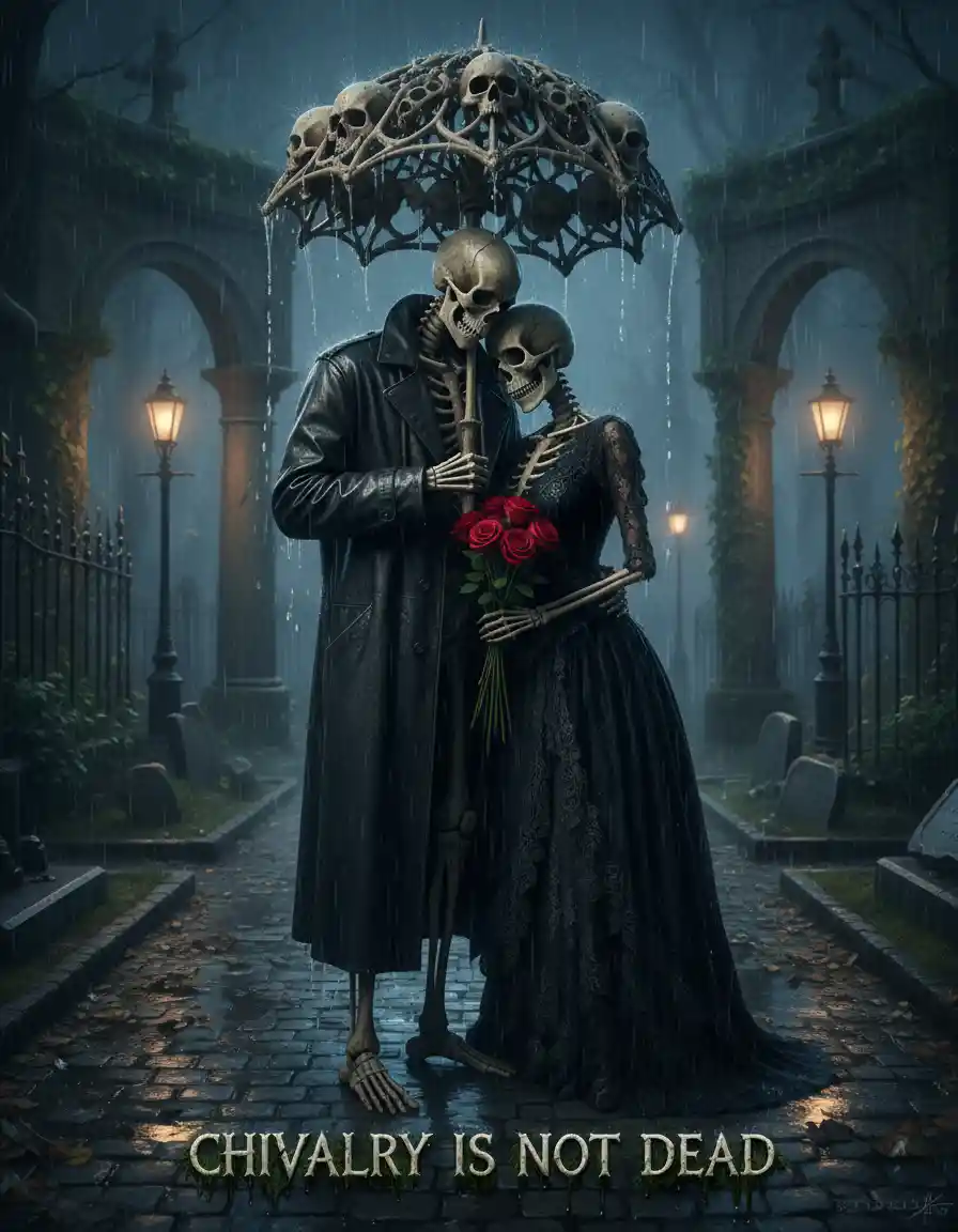 Skeletal lovers embracing under a bone umbrella in rain