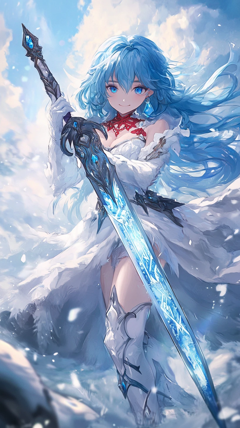 Elegante chica de anime de pelo azul empuñando una espada de hielo