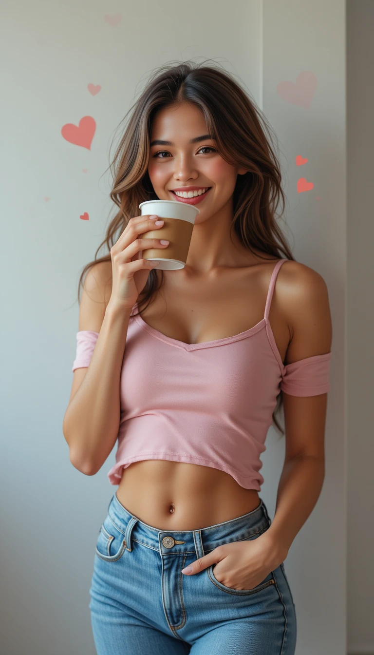 Mujer bronceada feliz con vaqueros tomando café en San Valentín