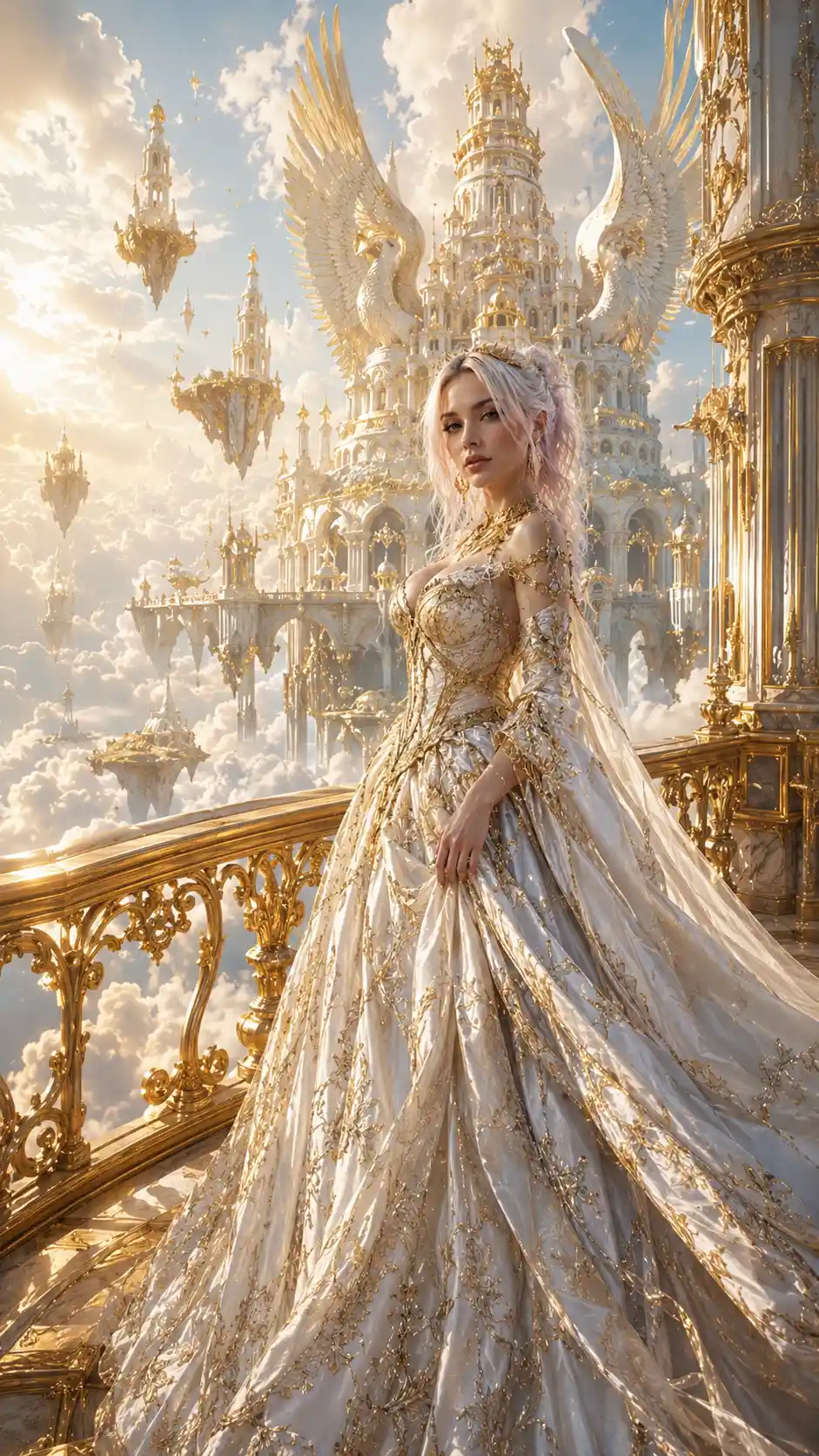 Celestial princess on a golden balcony above the clouds