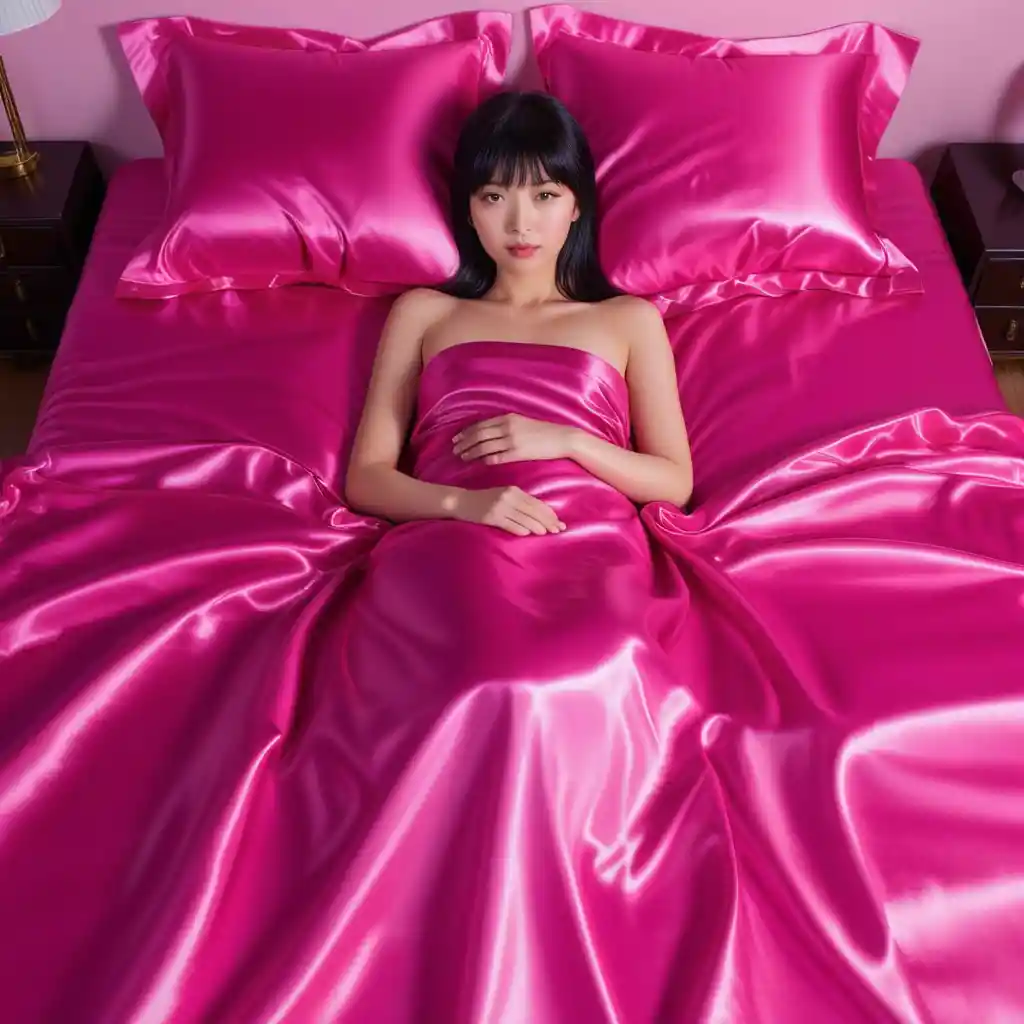Femme japonaise allongée sur des draps de lit en satin rose