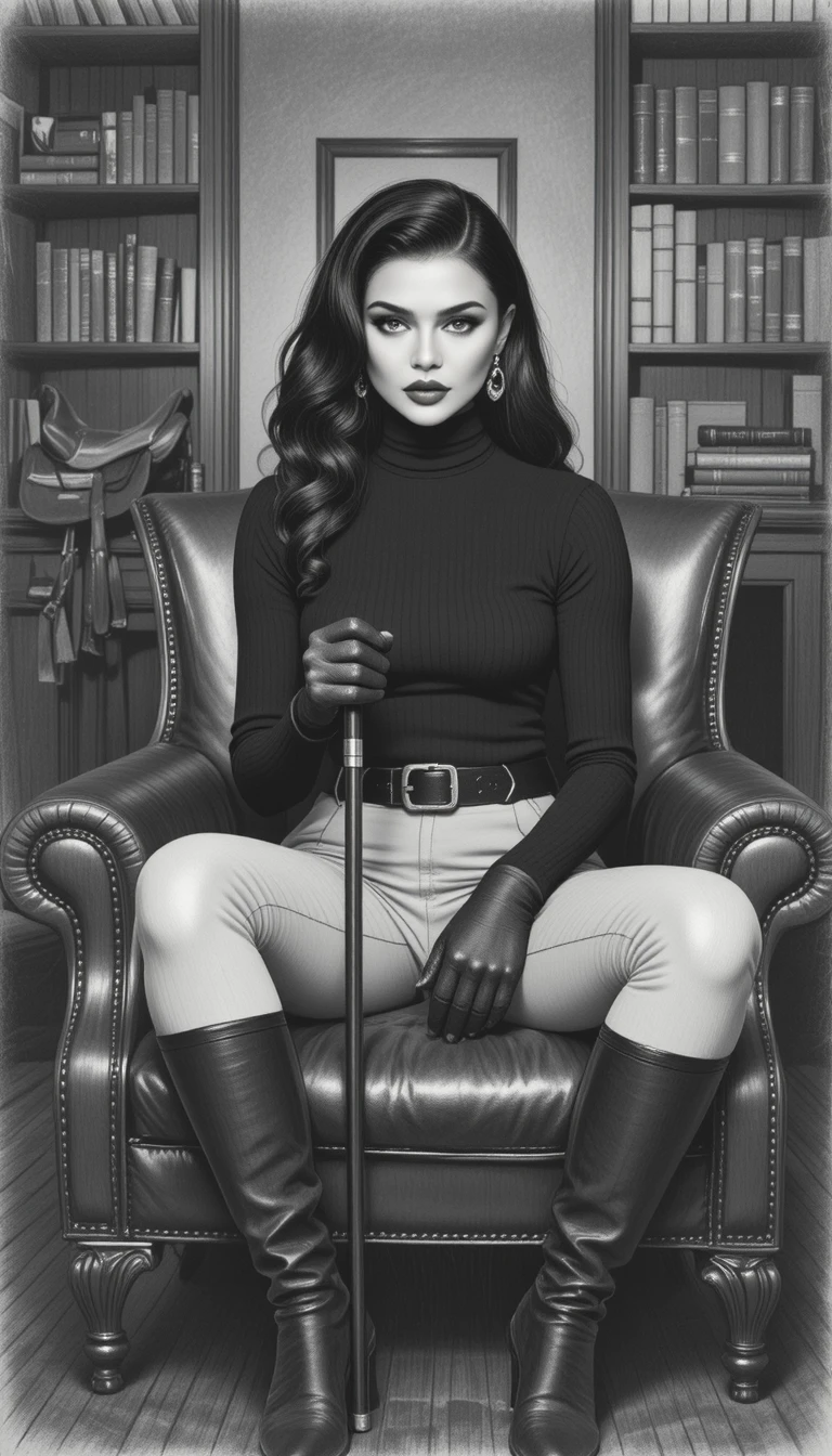 Mujer elegante con atuendo de equitación sentada en un sillón de cuero