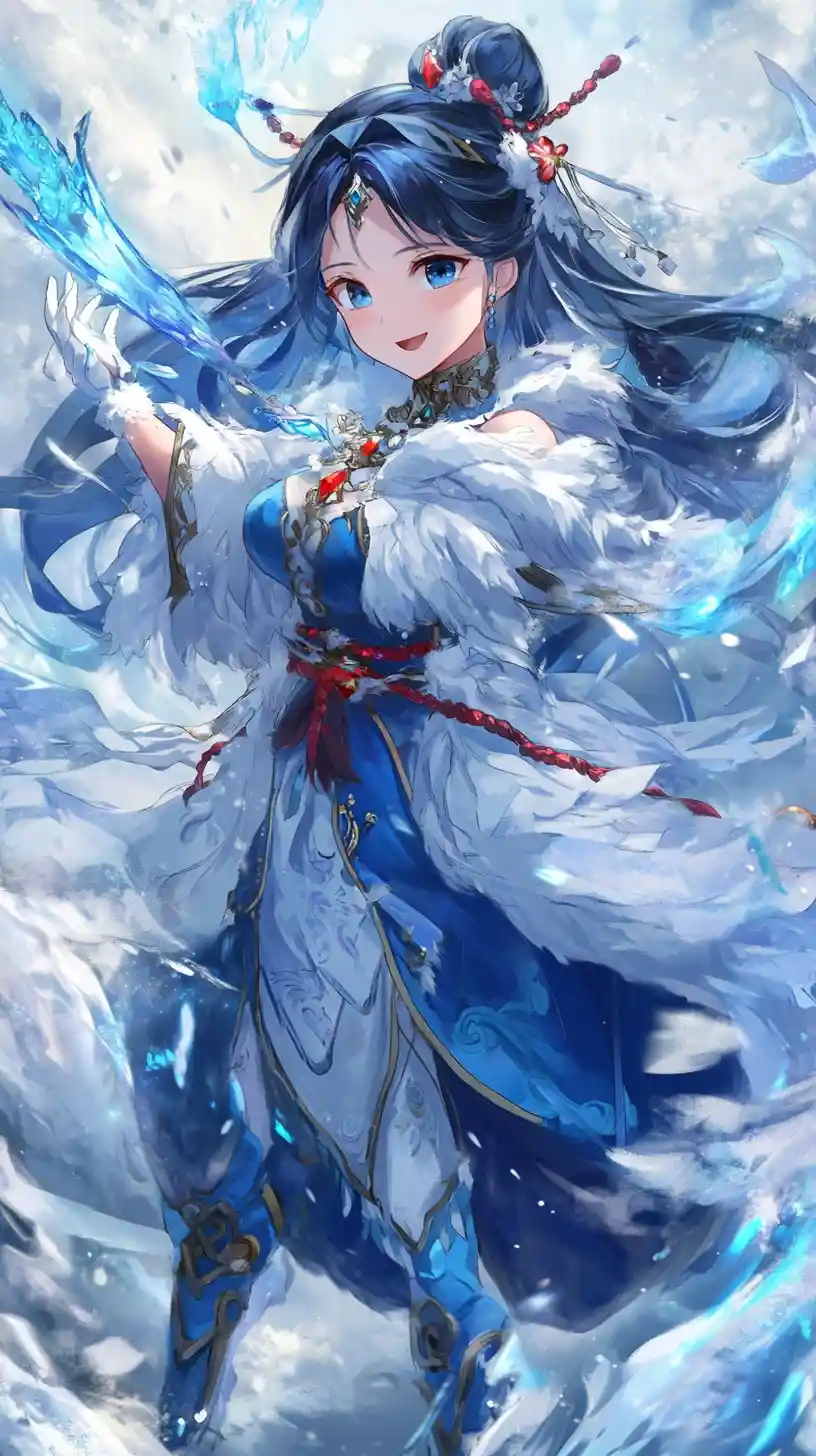 Elegant blue haired anime girl with dark ice sword