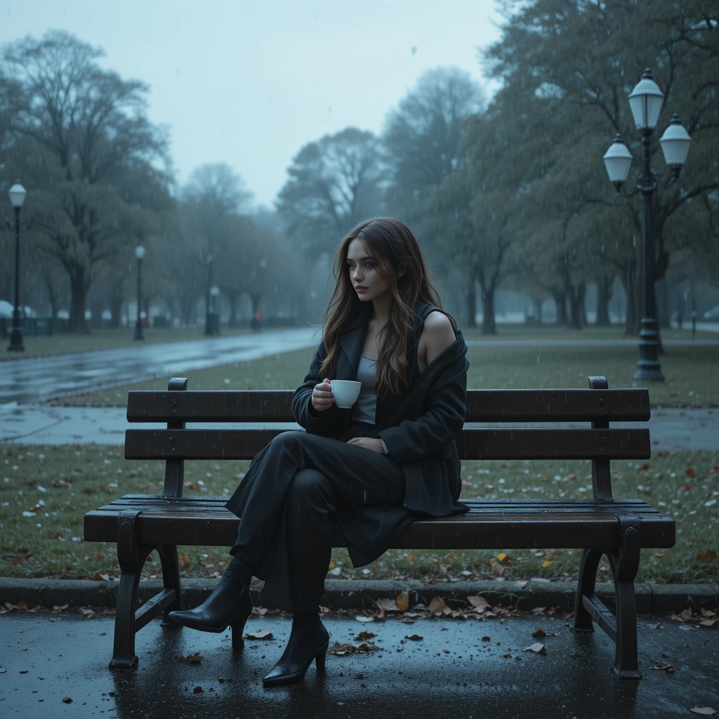 Mujer esperando en un banco de parque lluvioso con dos cafés