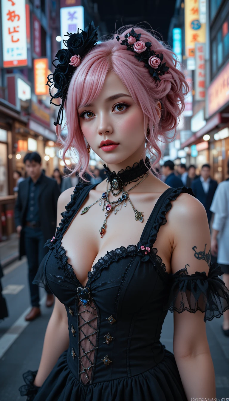 Mujer japonesa gótica con vestido victoriano rosa de noche