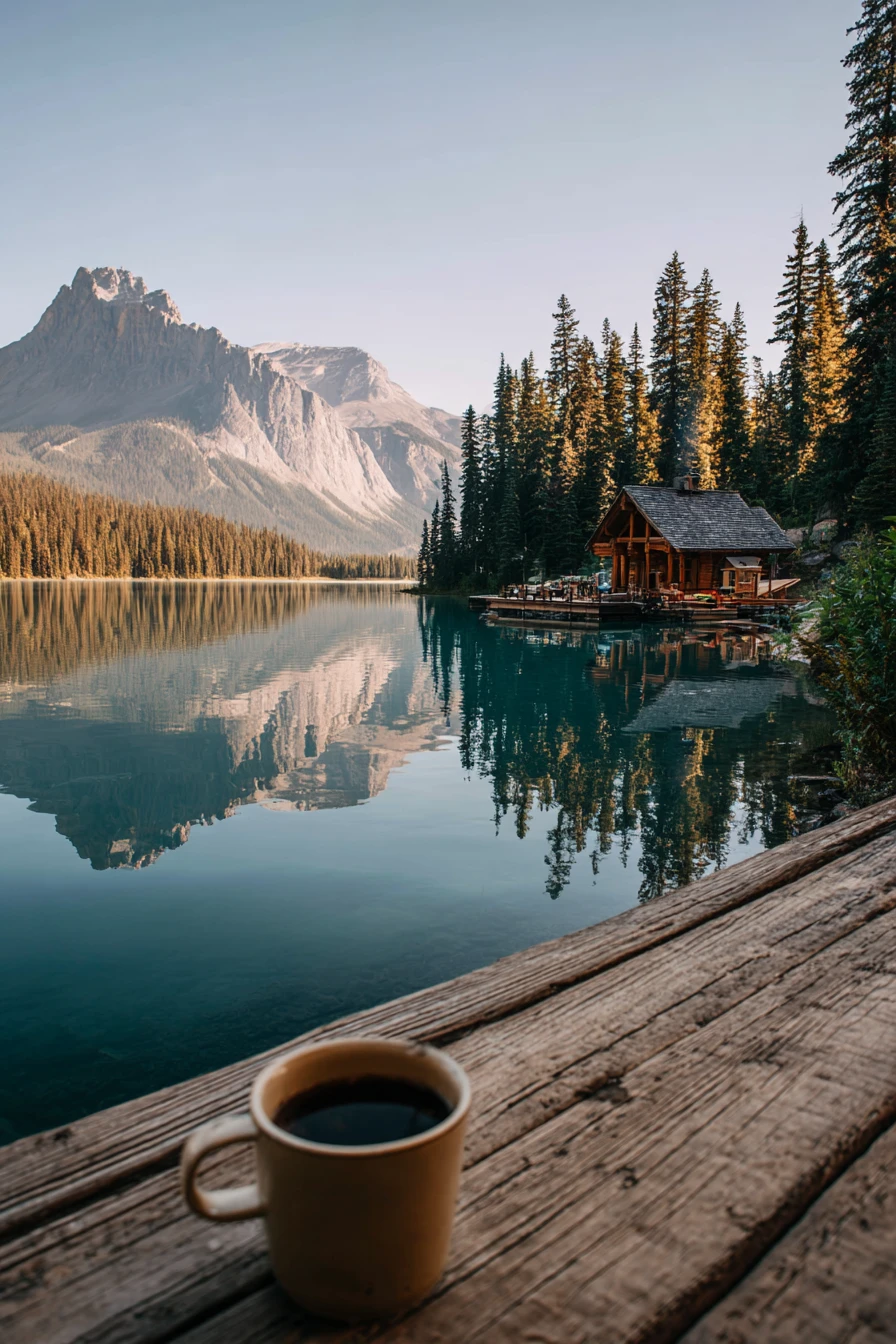 Amanecer pacífico sobre un tranquilo lago de montaña esmeralda