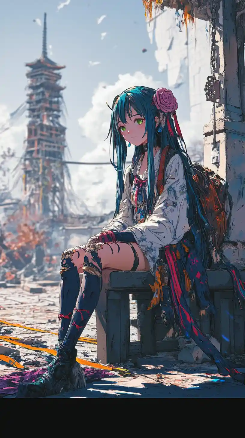 Anime girl resting on a bench in ruined city