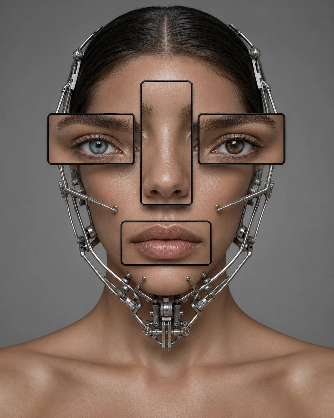 Retrato futurista de mujer con marcos faciales y exoesqueleto