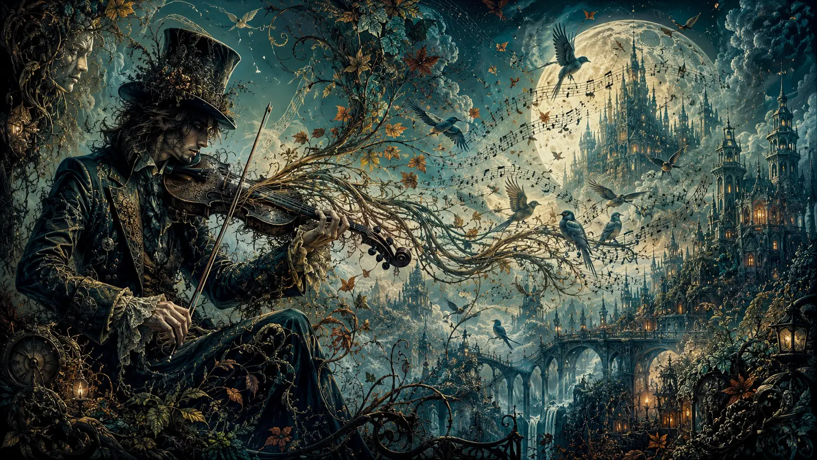 Wandering musician playing a surreal violin in a fantasy forest
