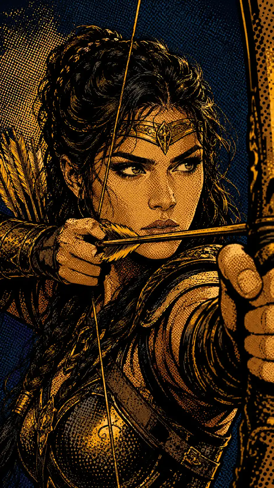 Pop art warrior archer drawing her bow in bold profile