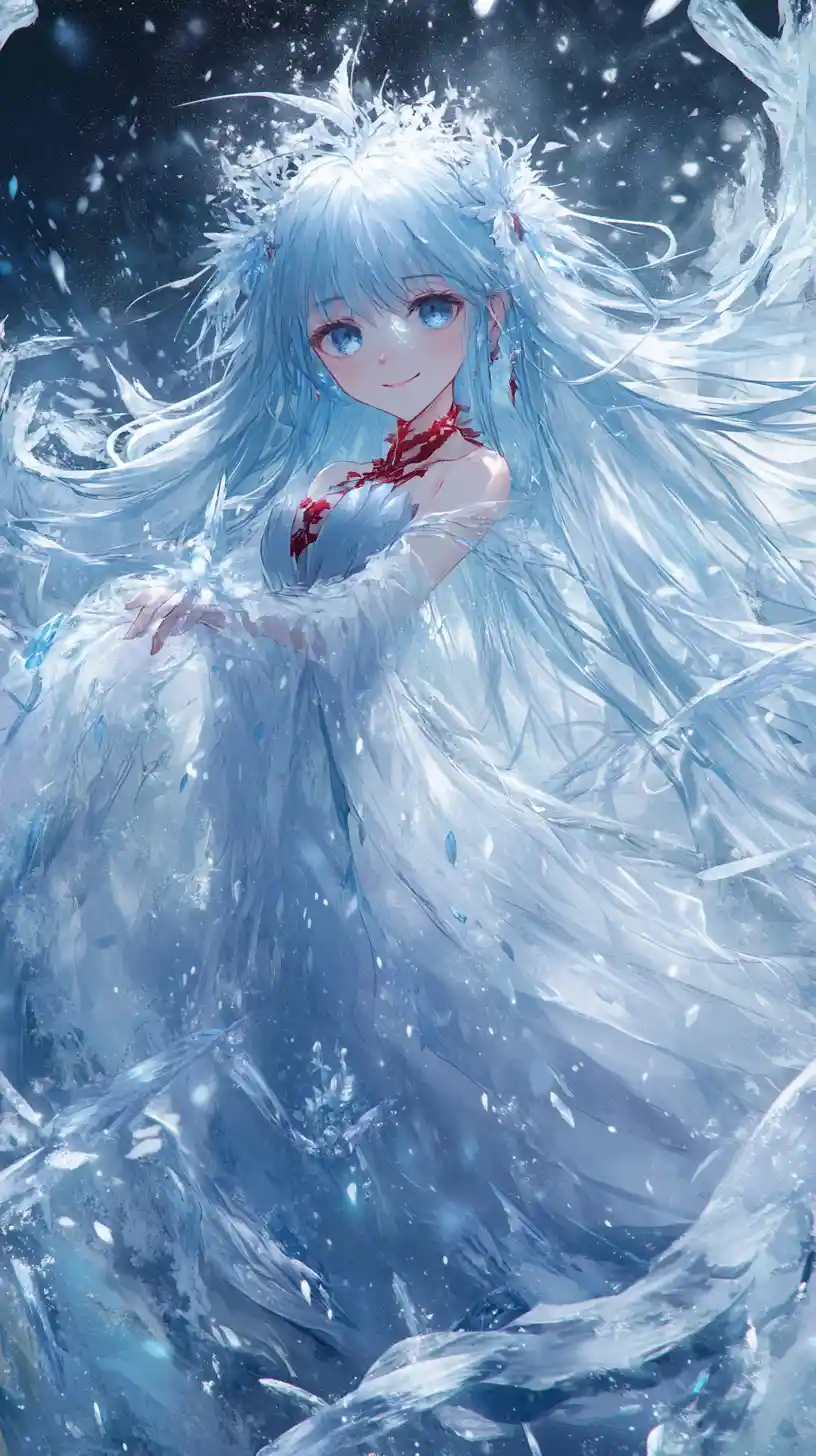 Blue haired anime girl wielding an icy sword
