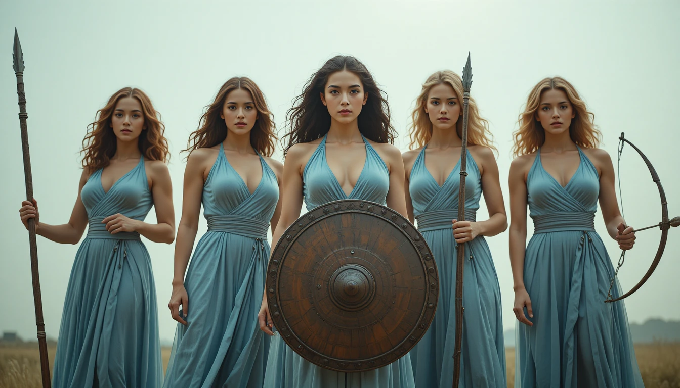 Cinco guerreras de inspiración griega bajo un cielo brumoso