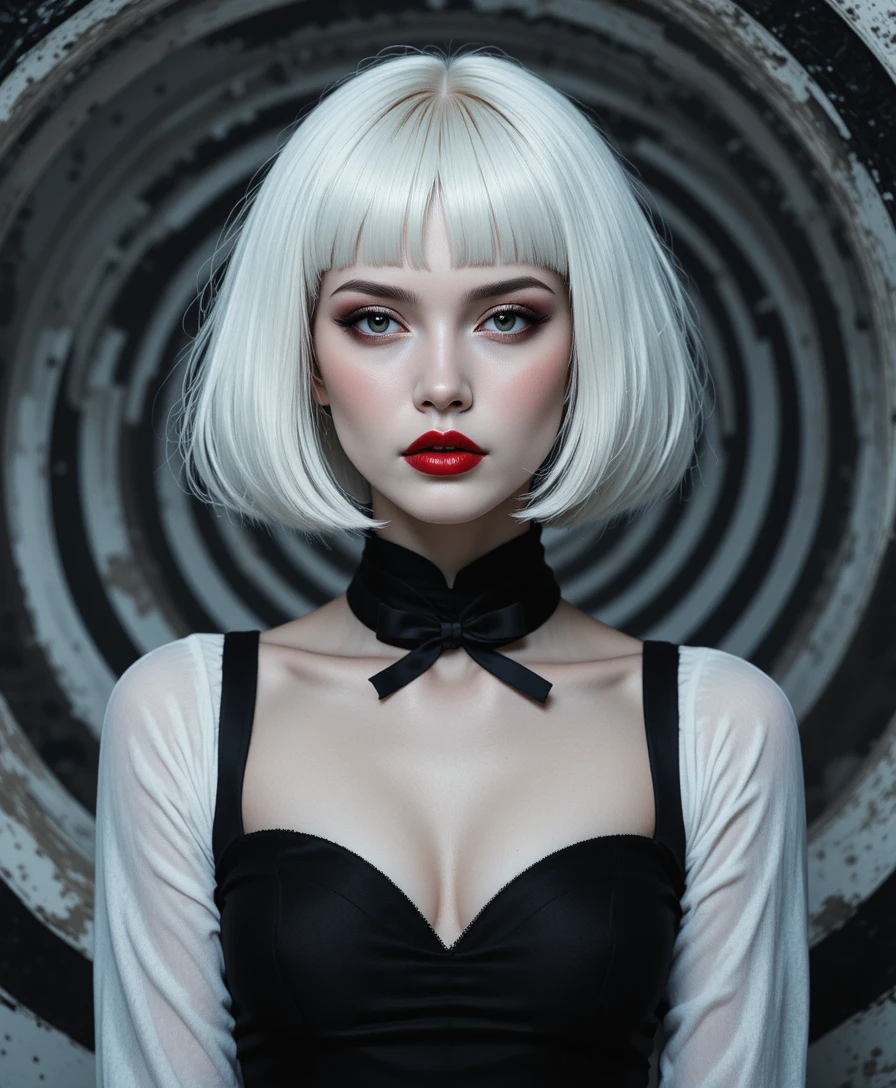 Porträt einer Gothic-Modefrau mit spiralförmigem abstraktem Hintergrund