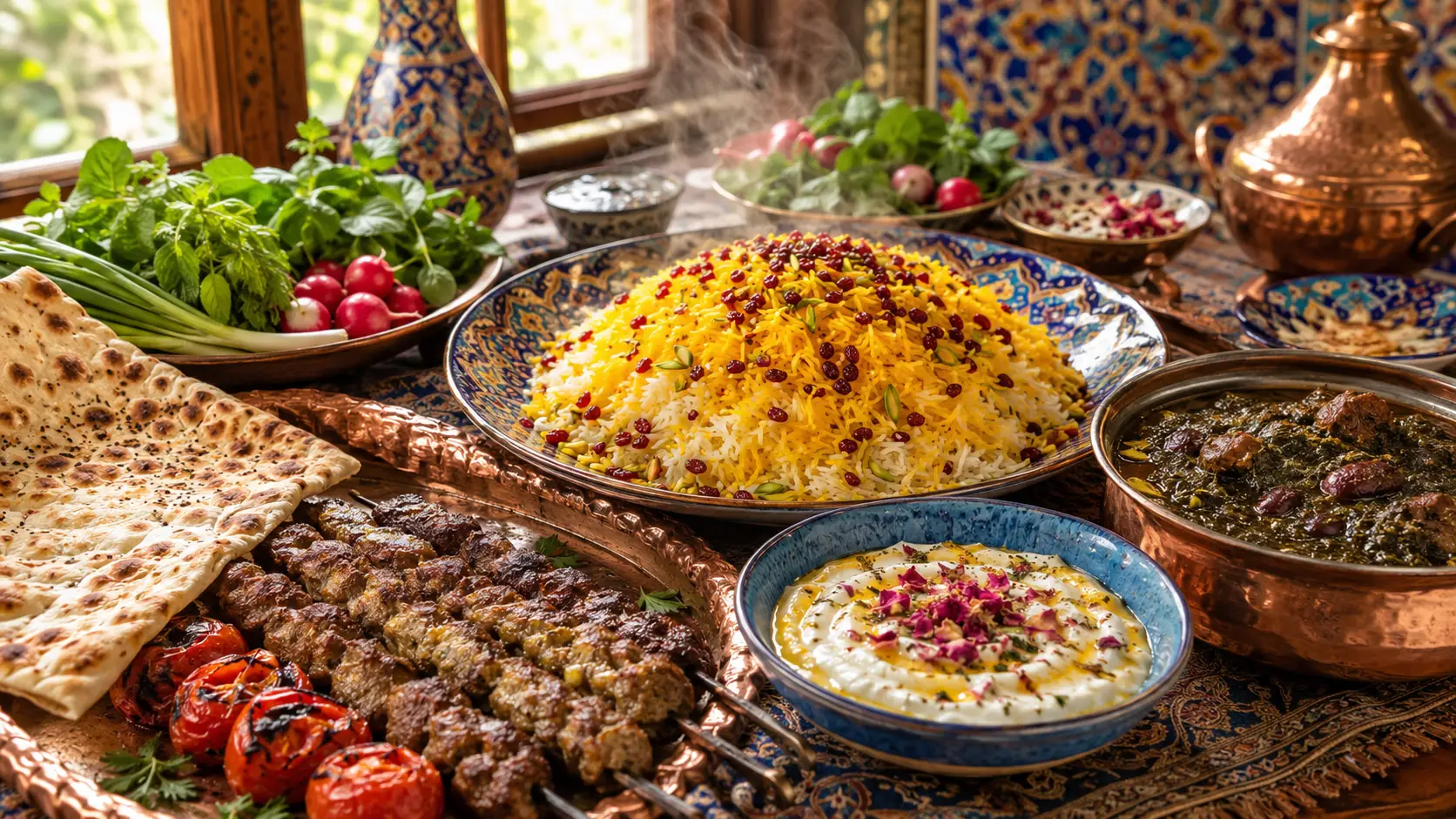 Persian banquet table with rice kebabs and flatbread