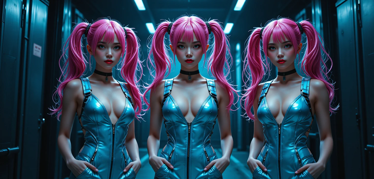 Tres mujeres de pelo rosa con monos azules en interior industrial