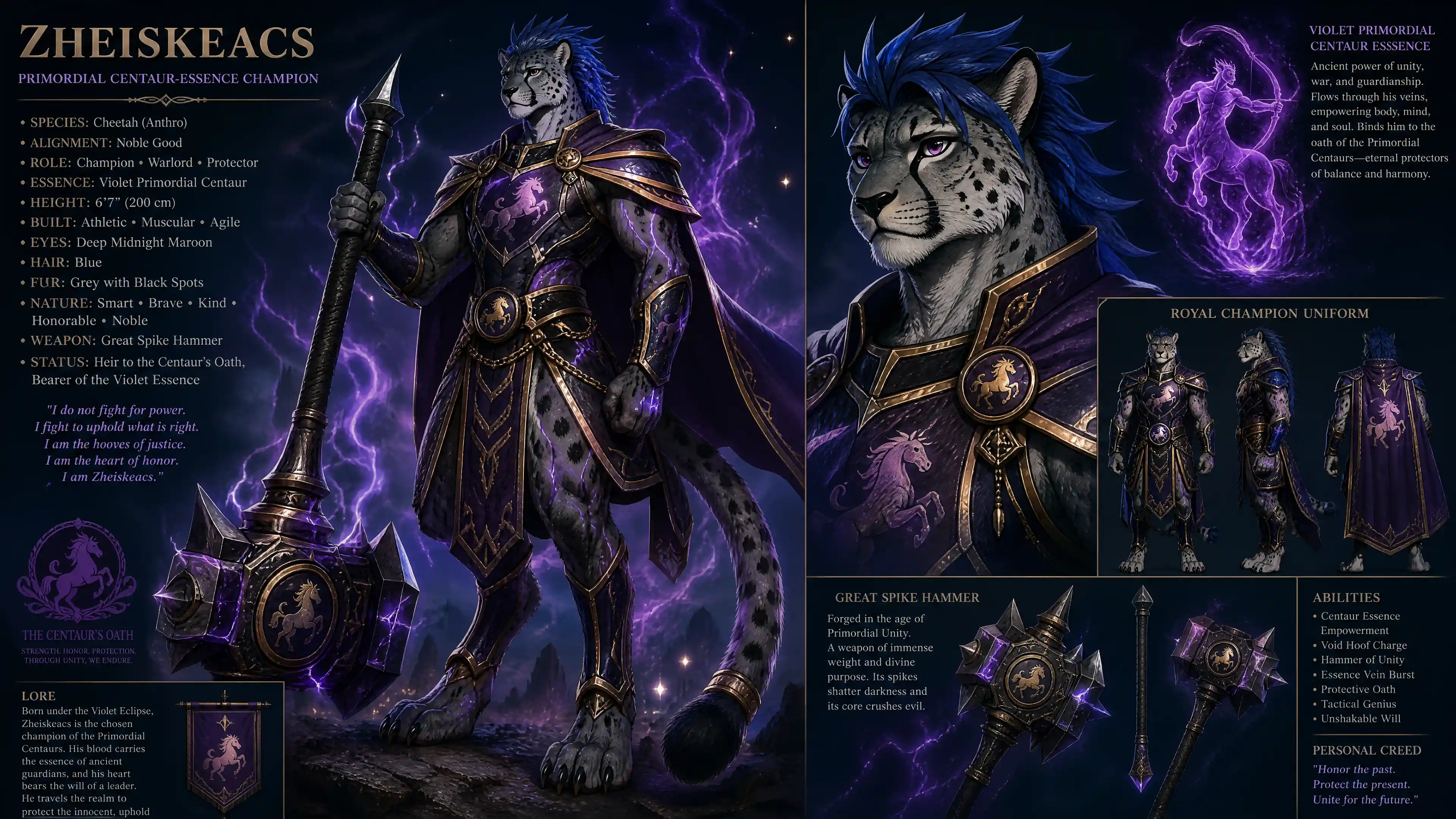 Anthropomorphic cheetah warrior in royal champion uniform