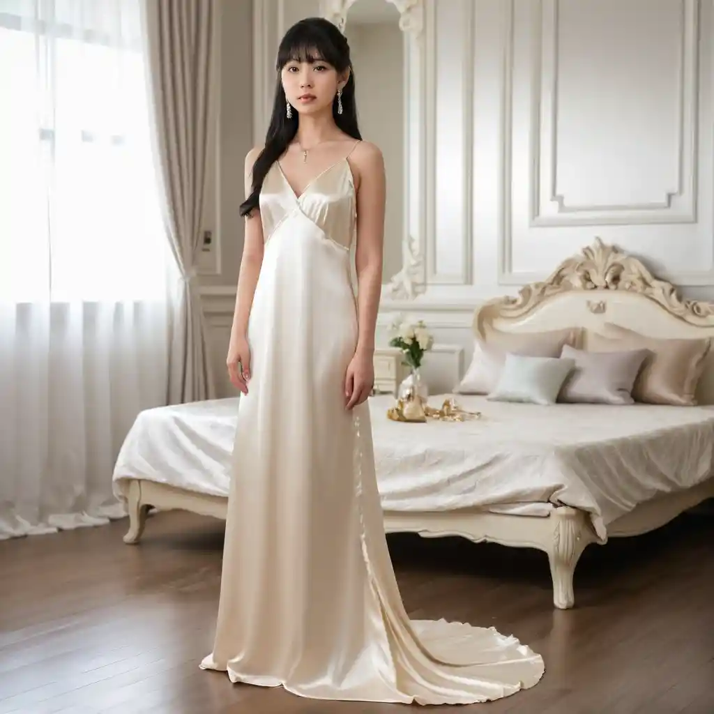 Chica japonesa elegante con vestido de noche de satén marfil