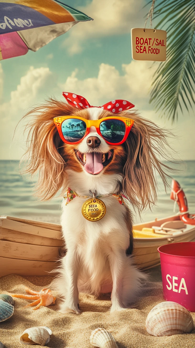 Perro pequeño alegre con gafas de sol relajándose en una playa soleada