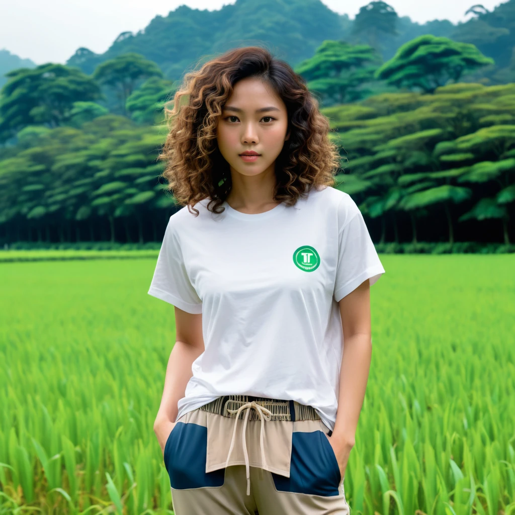 Mujer taiwanesa de pie en un campo en un día nublado